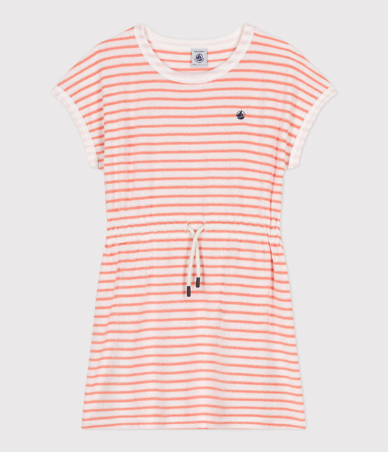 Abito a maniche corte in spugna di cotone a righe bambina arancione MARSHMALLOW/ ABRICOT