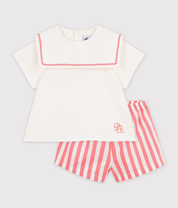 Completo neonato 2 pezzi in misto cotone/lino con top con colletto alla marinara rosa/bianco