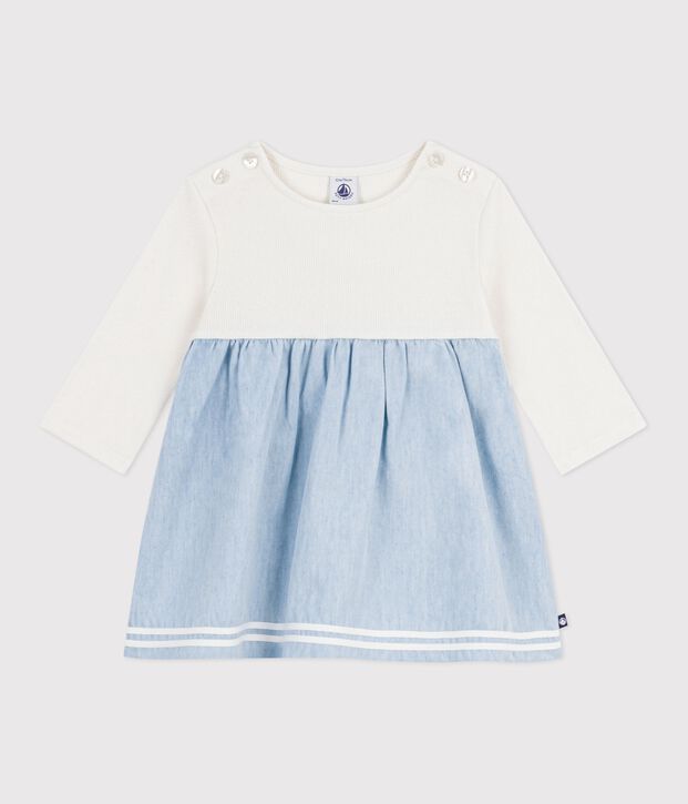 Abito bi-materiale a maniche lunghe in cotone e chambray neonata ecru/multicolore