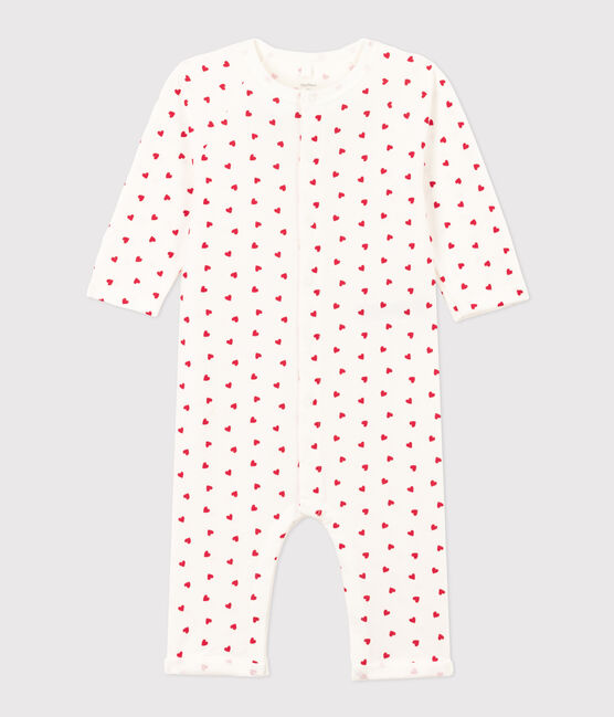 Tutina lunga bebè in tessuto felpato con cuoricino bianco MARSHMALLOW/rosso PEPS