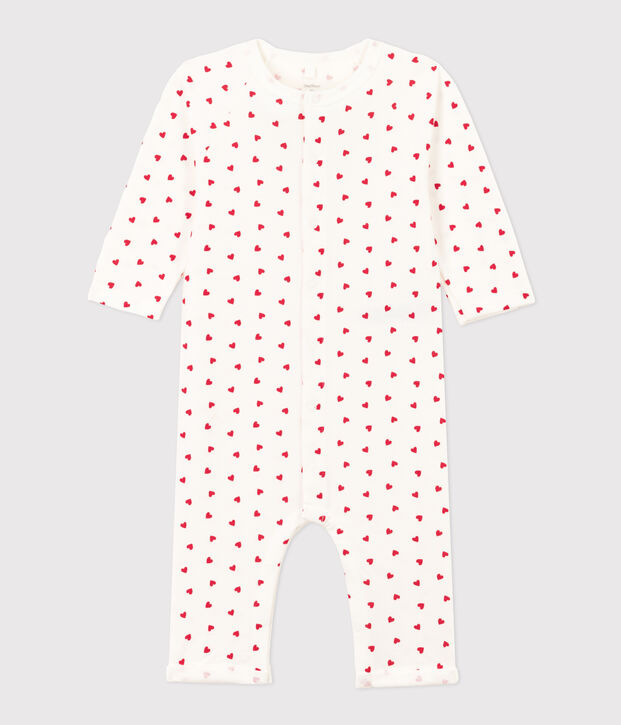 Tutina lunga beb&egrave; in tessuto felpato con cuoricino bianco/rosso
