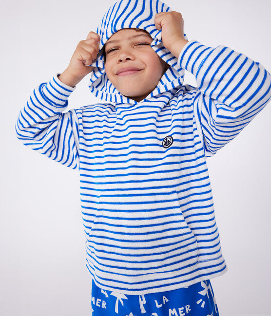 Felpa con cappuccio bambino unisex in spugna di cotone a righe blu MARSHMALLOW/ PORCELANA