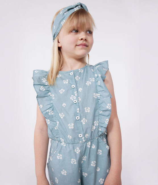 Tutina in cotone senza maniche a fiori bambina blu PAUL/bianco MARSHMALLOW
