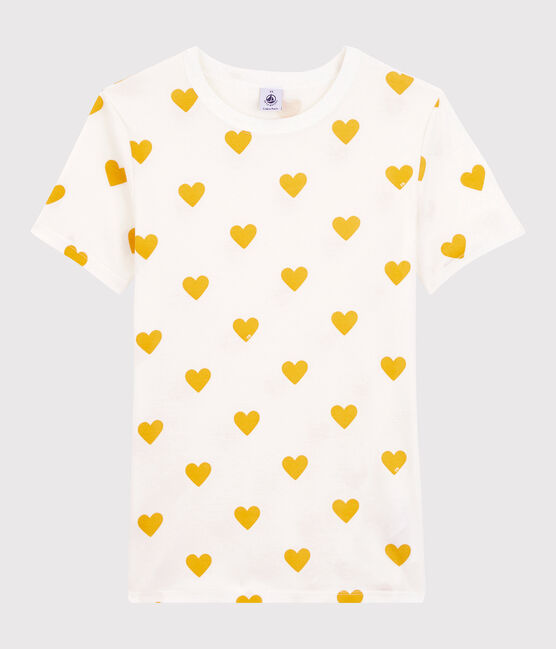T-shirt girocollo a cuori in cotone Donna bianco MARSHMALLOW/giallo OCRE