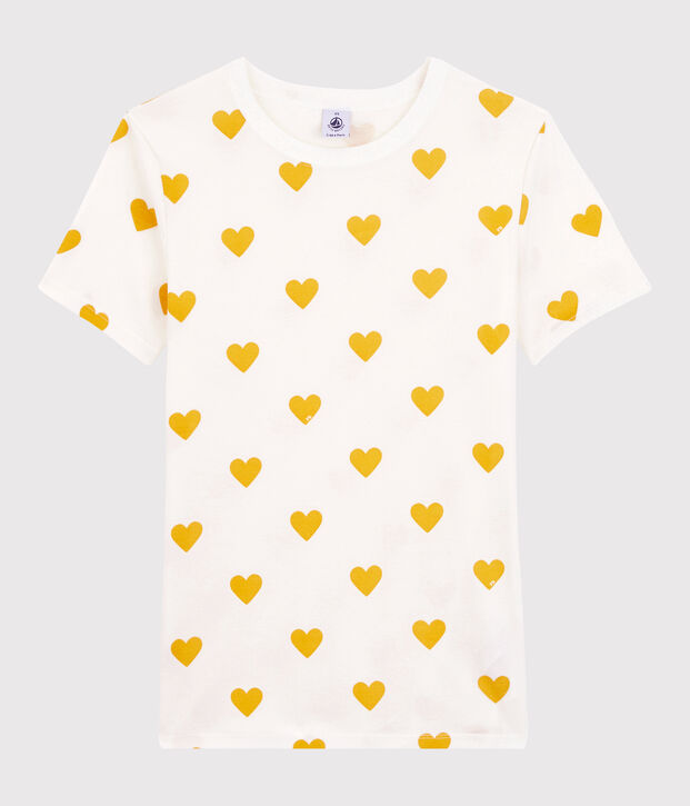 T-shirt girocollo a cuori in cotone Donna bianco/giallo