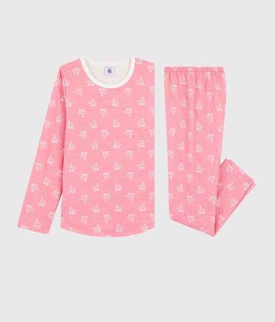 Pigiama jacquard gatti bambina in lana e cotone rosa CHEEK/bianco MARSHMALLOW