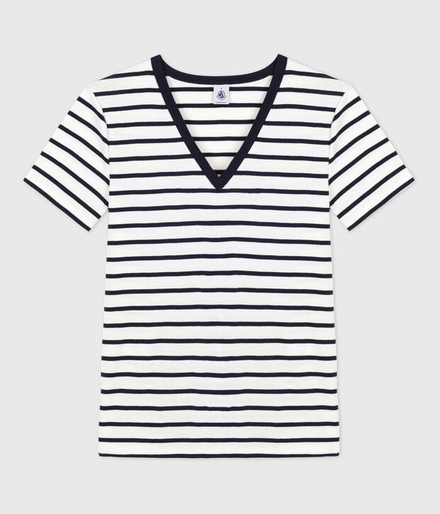 T-shirt L'ICONIQUE scollo a V in cotone Donna bianco/blu