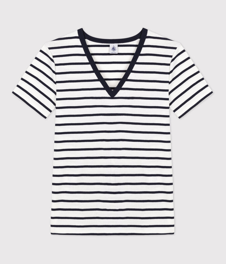 T-shirt L'ICONIQUE scollo a V in cotone Donna bianco/blu