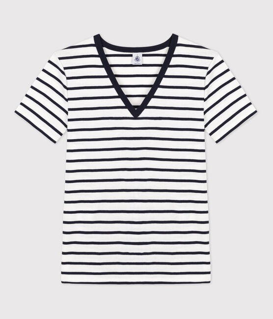 T-shirt L'ICONIQUE scollo a V in cotone Donna bianco MARSHMALLOW/blu SMOKING
