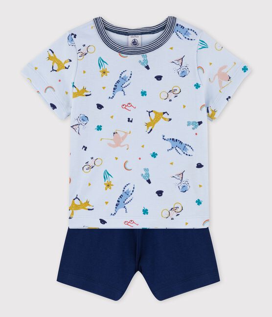 Pigiama corto bambino in cotone con stampa animali yoga blu FRAICHEUR/bianco MULTICO