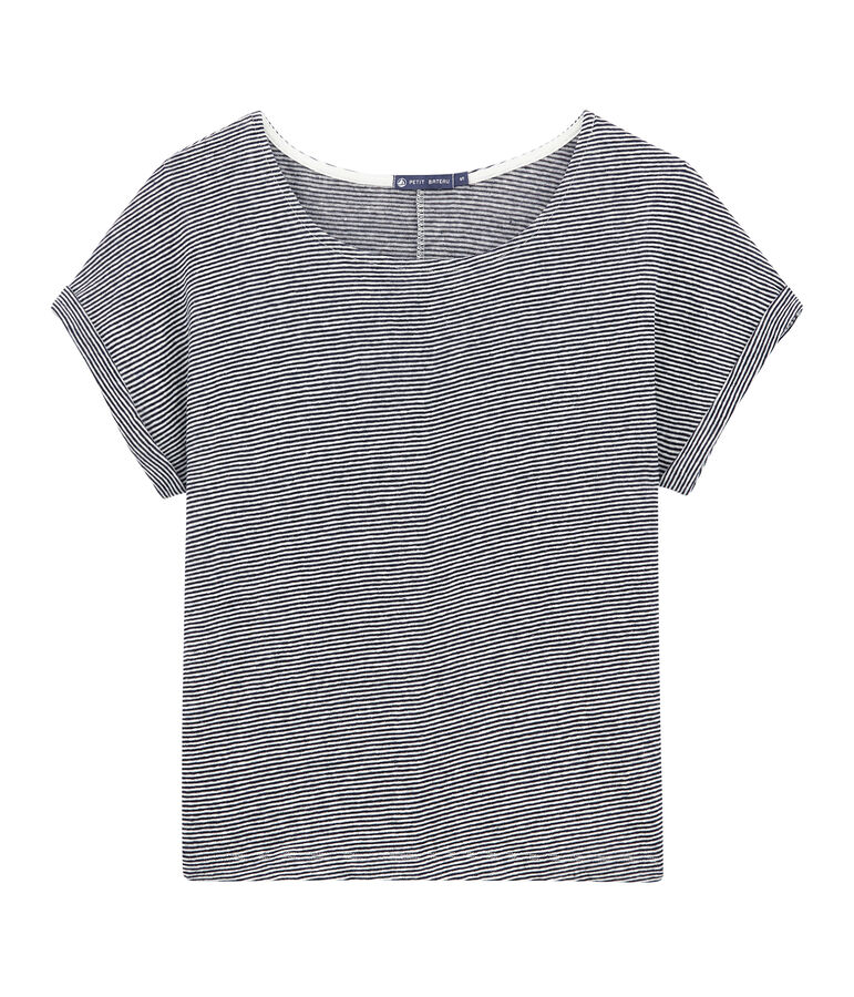 T-shirt donna in lino a millerighe blu/bianco