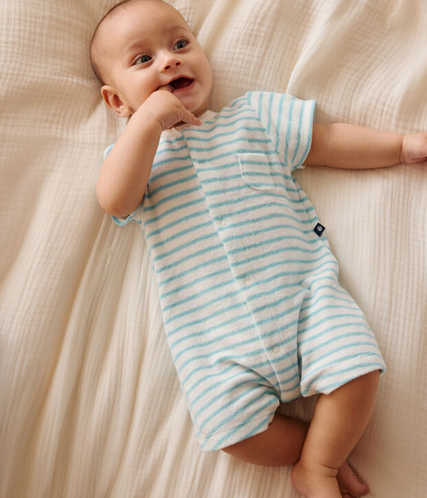 Tutina corta in spugna di cotone a righe neonato blu/blu