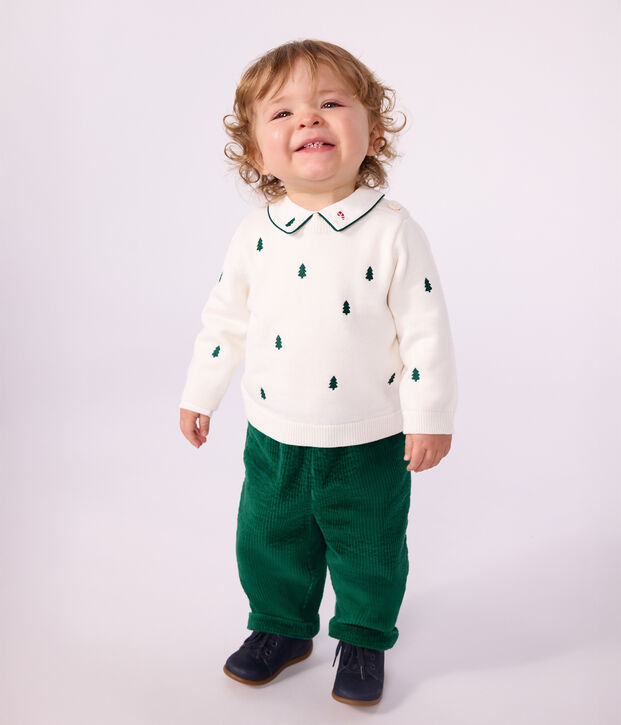 Maglione in misto lana e cotone con abeti ricamati neonato ecru/verde