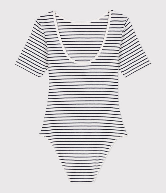 Body a maniche corte donna in misto cotone ed elastan a righe bianco MARSHMALLOW/blu SMOKING