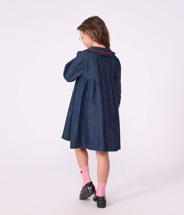 Abito a maniche lunghe in denim tinta unita bambina blu