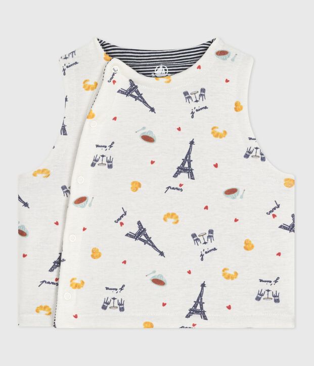 Cardigan senza maniche double face in cotone con stampa neonato bianco/blu