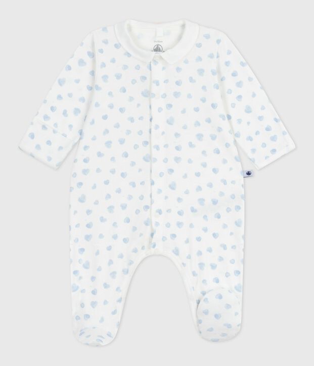 Pigiama in cotone con colletto e stampa a cuori neonato bianco/blu