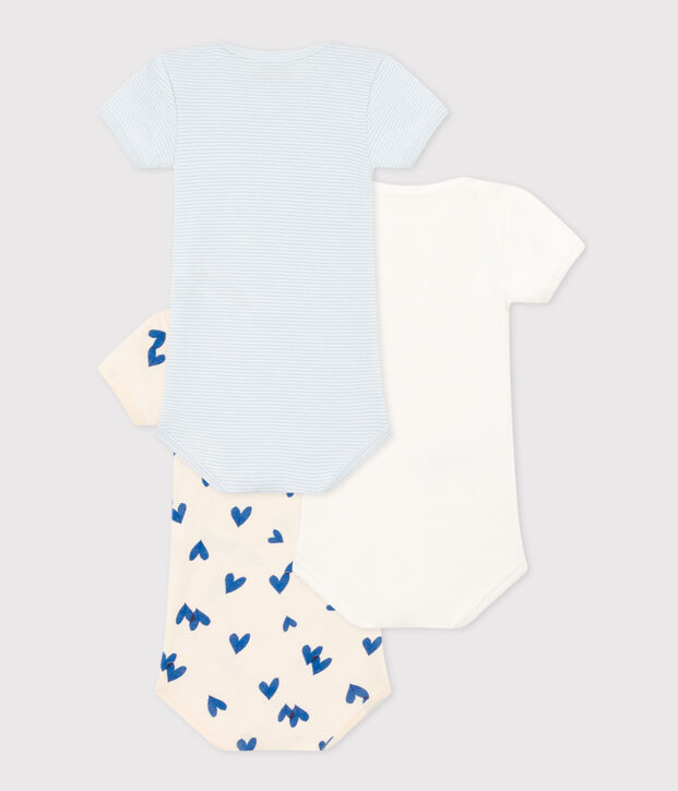 Confezione da 3 body beb&egrave; con cuori blu a manica corta in cotone multicolore