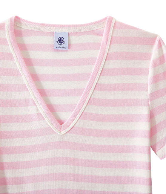 T-shirt donna scollo V in costina originale 1x1 rigata rosa BABYLONE/bianco MARSHMALLOW