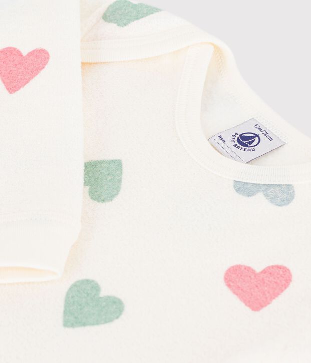 Pigiama in spugna di cotone con apertura senza automatici e stampa a cuori neonata ecru/multicolore