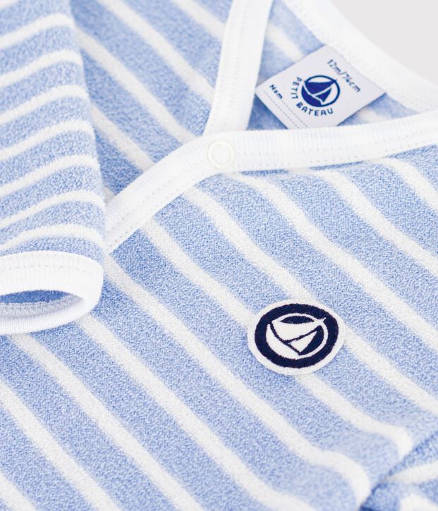 Pigiama senza piedini in spugna di cotone a righe neonato blu/ecru
