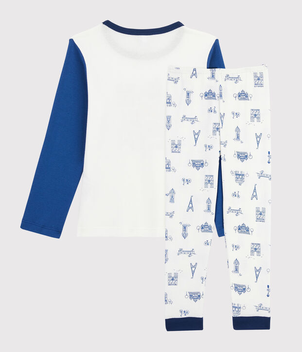 Pigiama motivo Parigi bambino a costine bianco/blu/multicolore