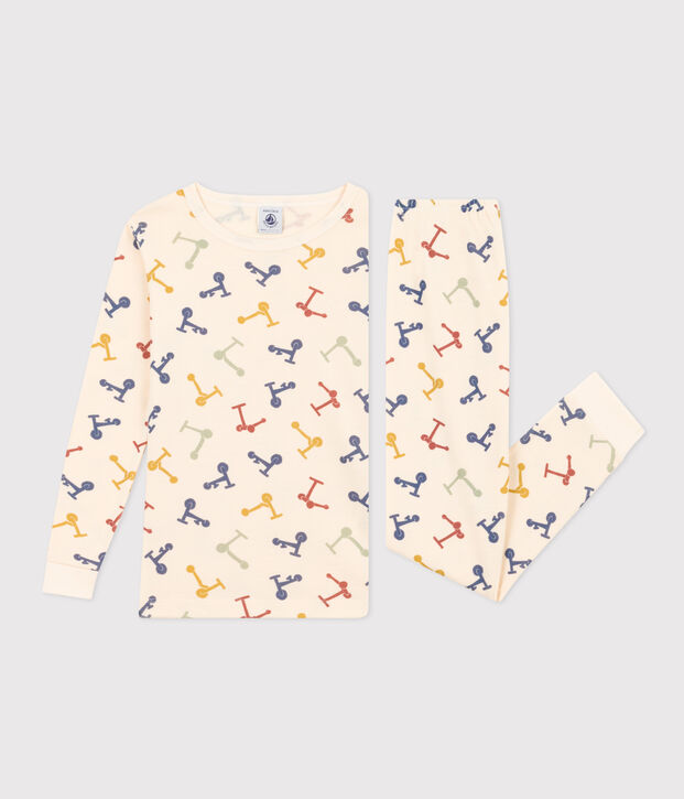 Pigiama aderente bambino in cotone con stampa monopattino ecru/multicolore