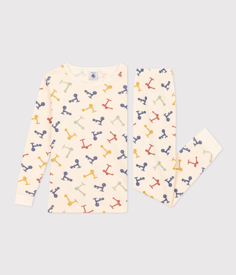 Pigiama aderente bambino in cotone con stampa monopattino ecru/multicolore