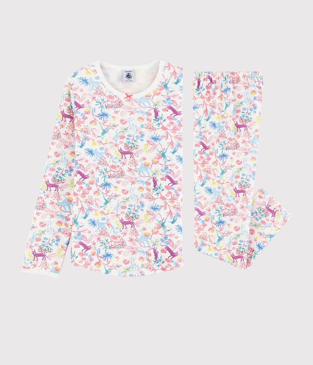 Pigiama fantasia giungla bambina in cotone bianco/multicolore