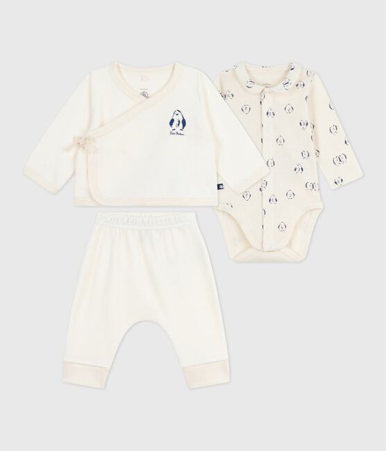 Set 3 pezzi neonato con coprispalle e body con pinguini stampati ecru MILK