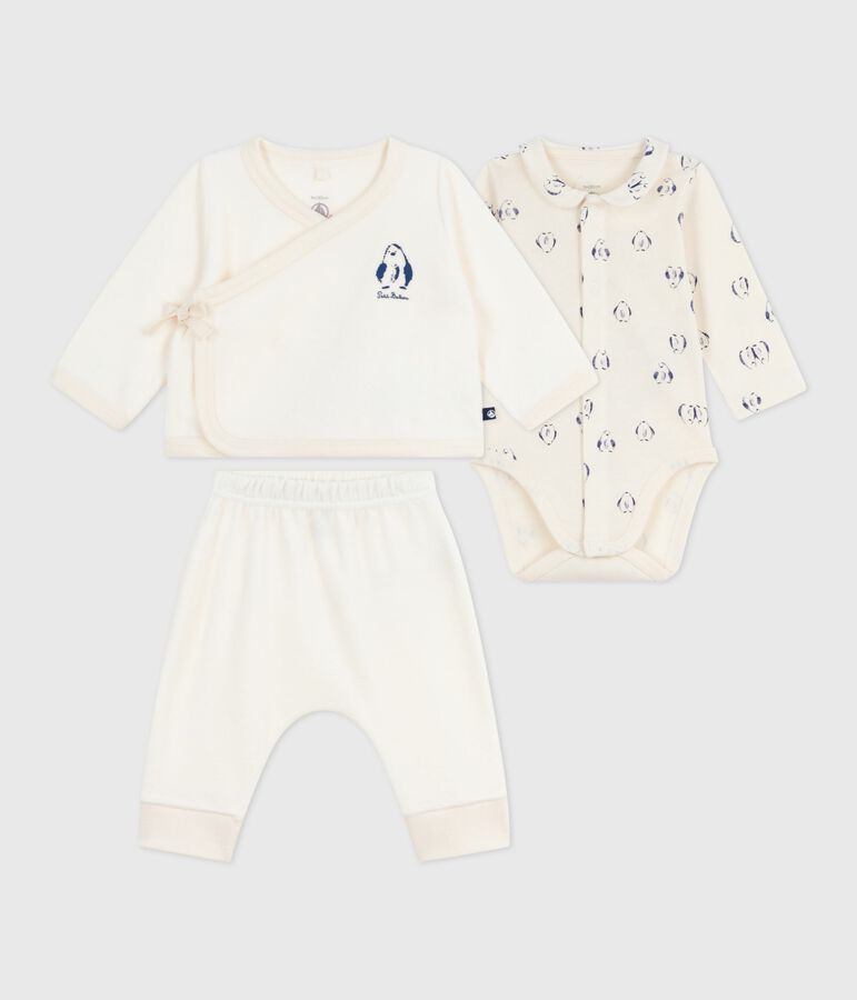 Set 3 pezzi neonato con coprispalle e body con pinguini stampati ecru