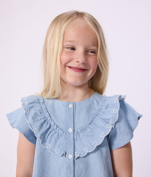 Blusa a maniche corte in cotone tinta unita bambina blu