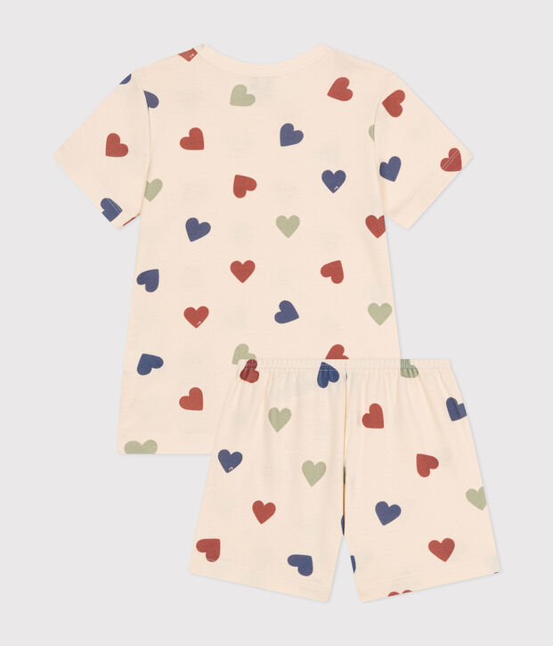 Pigiama short fantasia a cuori in cotone bambino ecru/multicolore
