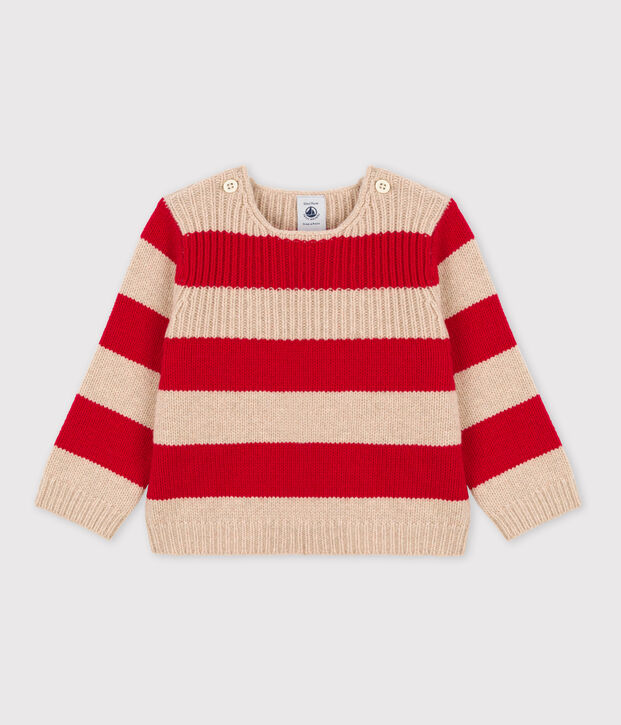 Maglione a righe in maglia di lana e cotone per neonati beige/rosso