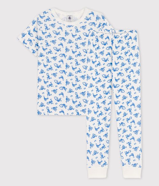 Pigiama manica corta scimmiette bambino in cotone bianco MARSHMALLOW/blu BRASIER