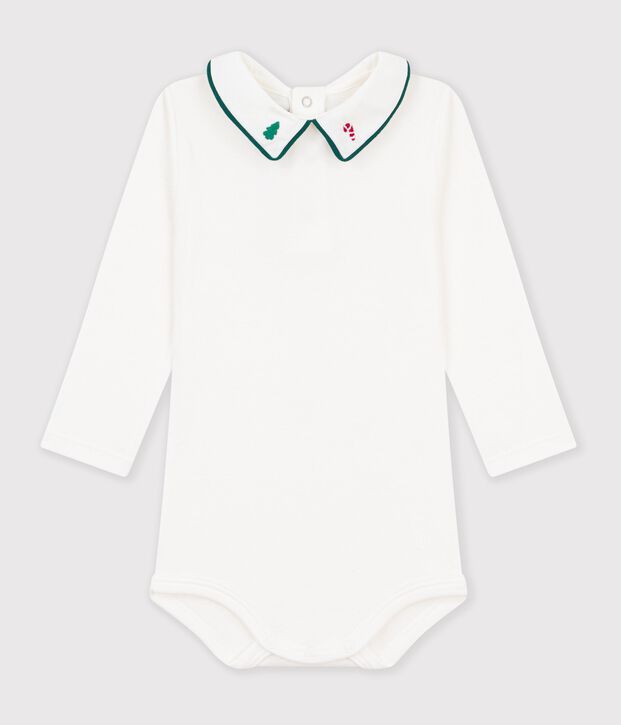 Body in cotone tinta unita con colletto ricamato neonato bianco