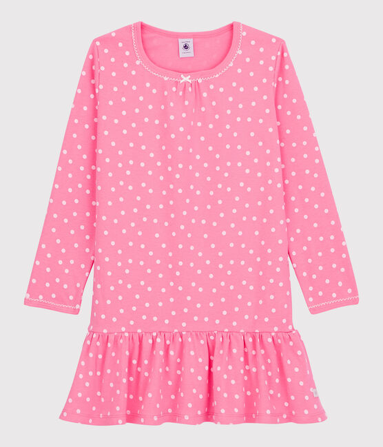 Camicia da notte bambina in cotone arricciato rosa PETAL/bianco ECUME