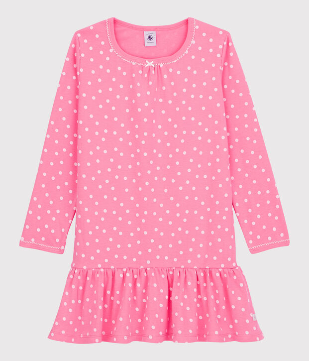 Camicia da notte bambina in cotone arricciato rosa/bianco
