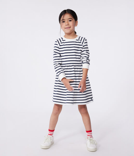 Abito a maniche lunghe in cotone a righe bambina bianco MARSHMALLOW/blu SMOKING
