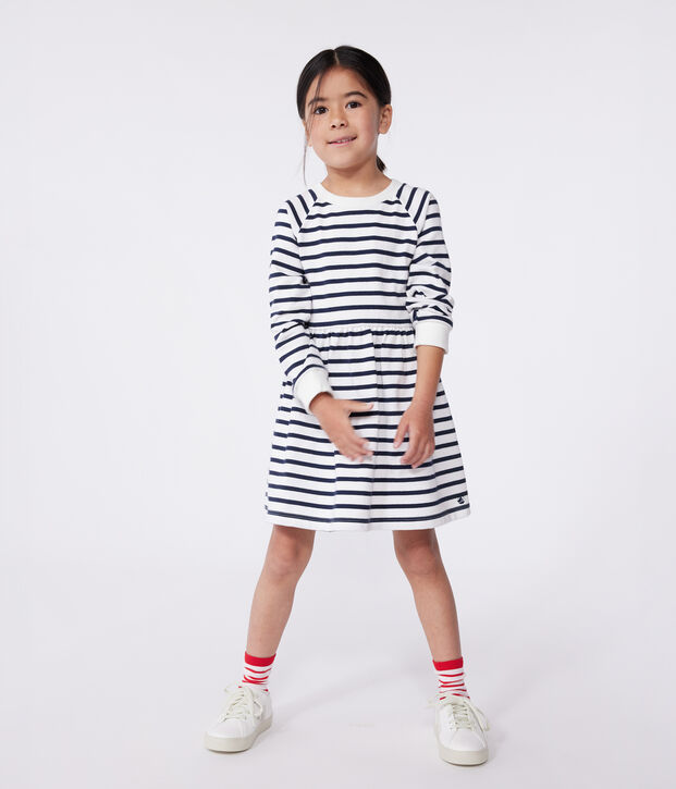 Abito a maniche lunghe in cotone a righe bambina bianco/blu
