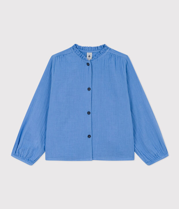 Blusa in garza di cotone tinta unita bambina blu