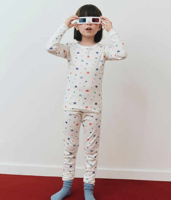 Pigiama con gamba molto aderente in cotone con stampa a cuori bambina bianco MARSHMALLOW/bianco MULTICO