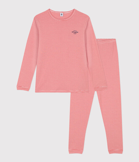 Pigiama a righe ragazzo in cotone arancione OURSIN/bianco MARSHMALLOW