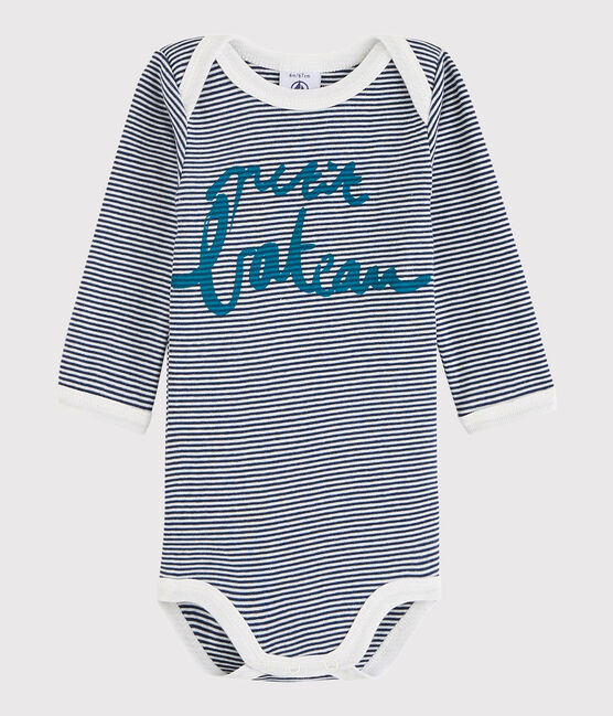 Body manica lunga bebè unisex blu MEDIEVAL/bianco MARSHMALLOW