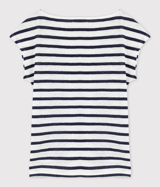 T-shirt donna in lino rigata bianco LAIT/blu SMOKING