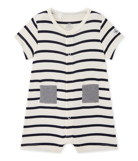Tutina corta per bebé maschio rigata beige COQUILLE/blu ABYSSE