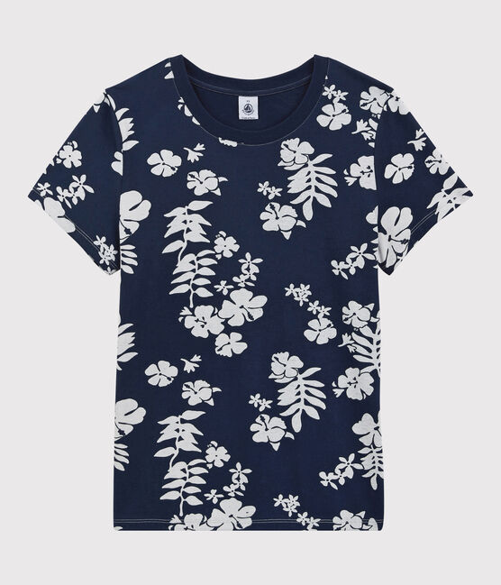 T-shirt Taglio Regular girocollo in cotone bio Donna blu MEDIEVAL/bianco MARSHMALLOW