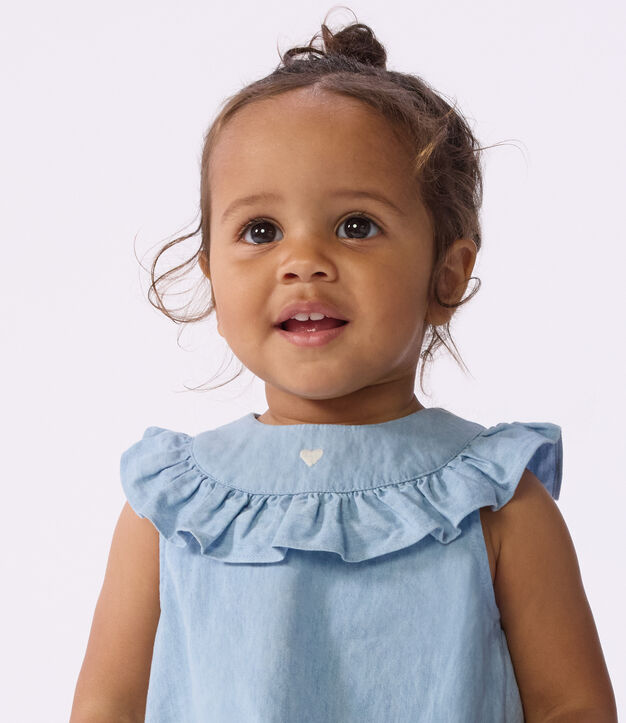 Blusa senza maniche in chambray di cotone ricamato neonato blu