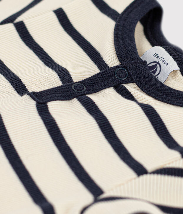 Body a manica corta beb&egrave; in maglia a costine a righe ecru/blu