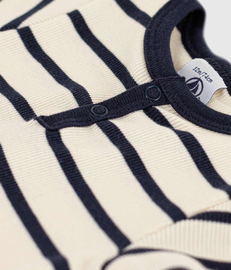 Body a manica corta beb&egrave; in maglia a costine a righe ecru/blu